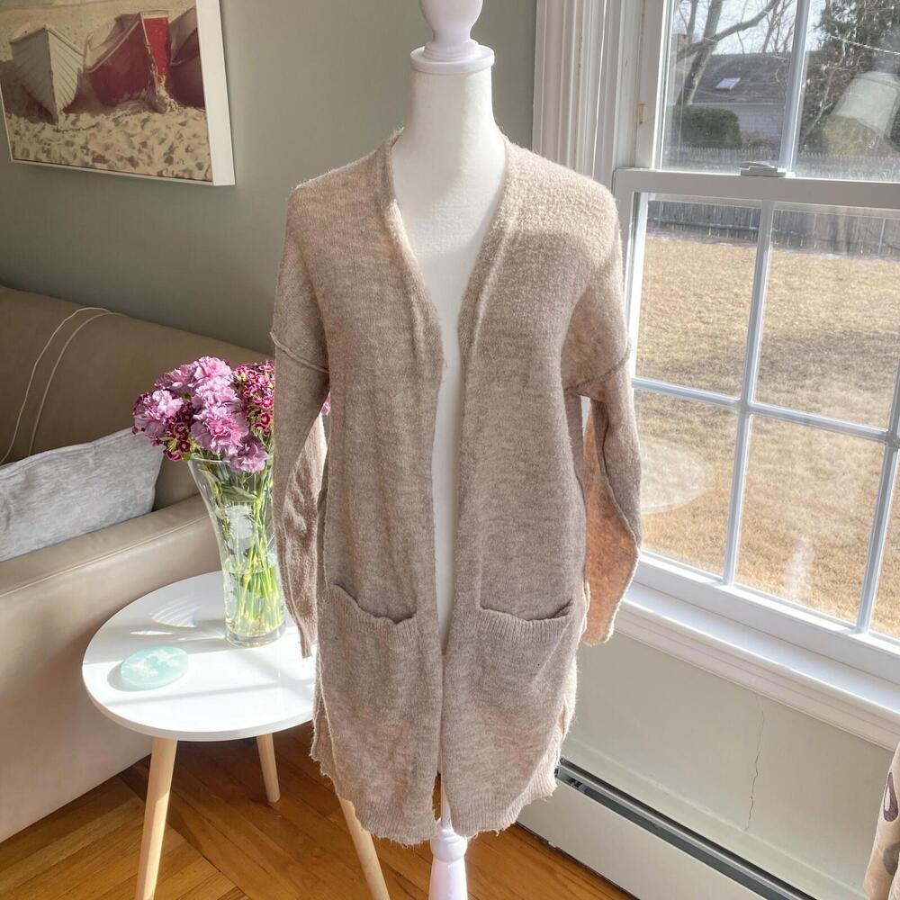 ANTHROPOLOGIE Bouclé Cardigan‎ Sweater Size Small Beige Wool Blend
